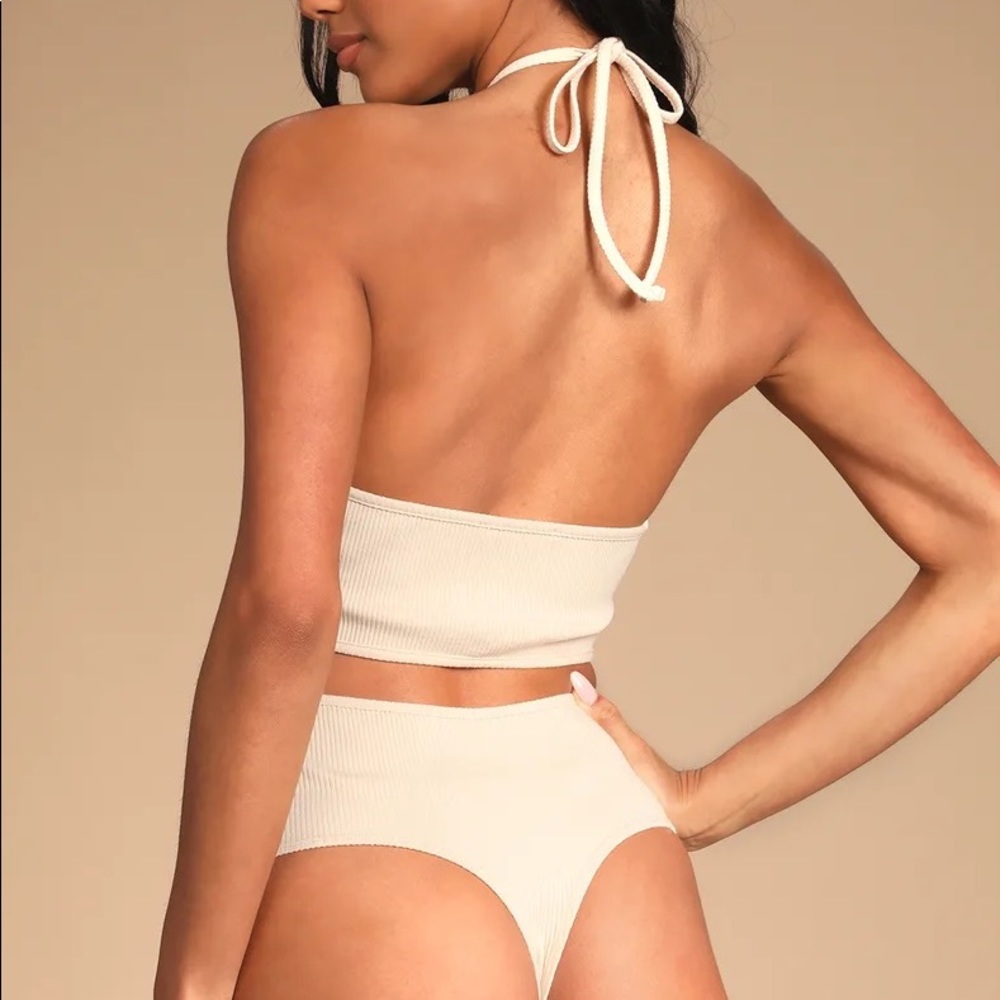 NEW Cream Ribbed Knot-Front Halter Bodysuit - Picture 3 of 6